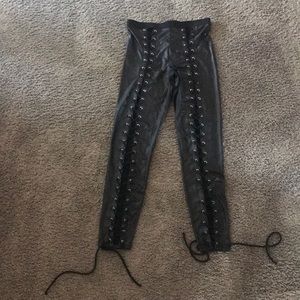 Lace up faux leather pants